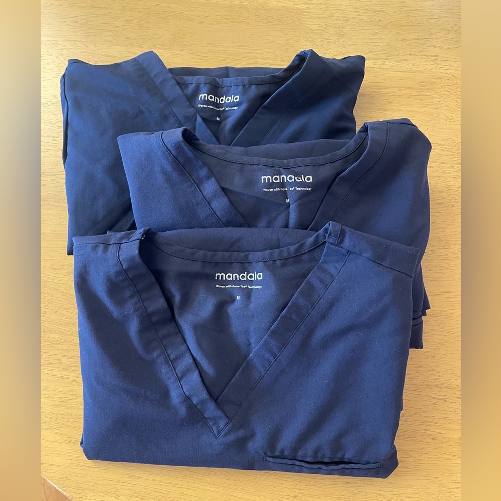 3 complete sets of navy Mandala scrubs (3 tops + 3 joggers)